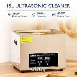 15L Portable Ultrasonic Cleaner with Heater Timer 304 Stainless Steel Basin