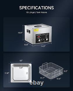 CREWORKS 15L Stainless Steel Ultrasonic Cleaner Machine w Degas & Gentle Modes