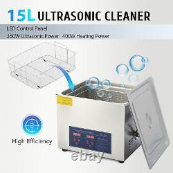 Commercial 15L Stainless Steel Heated Ultrasonic Cleaner with Digital Timer