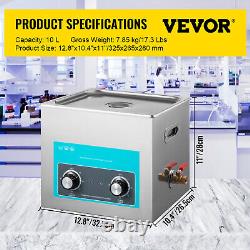 VEVOR 10L Ultrasonic Cleaner 640W Stainless Steel Knob Control with Heater & Timer