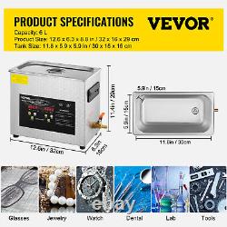 VEVOR Ultrasonic Cleaner 6L Stainless Steel 580W Industry Heated withTimer Heater