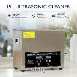 Nettoyeur ultrasonique CREWORKS avec cuve en acier inoxydable de 15L, chauffeuse et minuterie numérique.