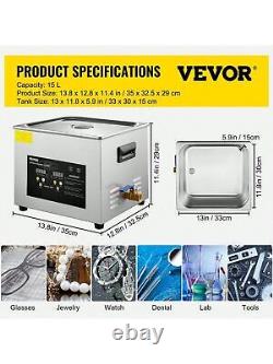 Nettoyeur ultrasonique de laboratoire professionnel VEVOR 15L, chauffage de 200W, ultrasons de 120W