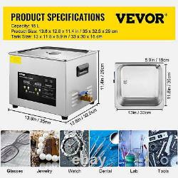 Nettoyeur ultrasonique numérique de 15L avec chauffage, minuterie, 600W, 40KHz, machine de nettoyage de bijoux